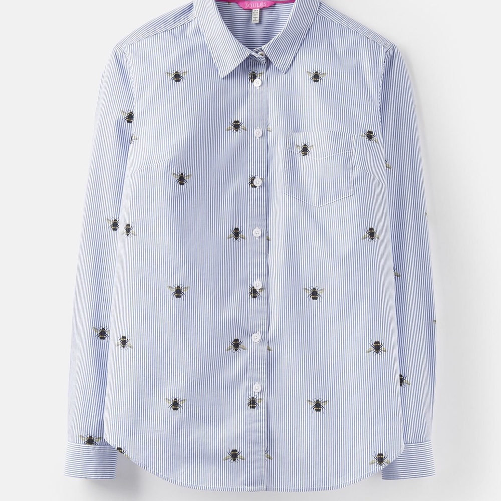 Cotton blue and white stripe with bee print shirt